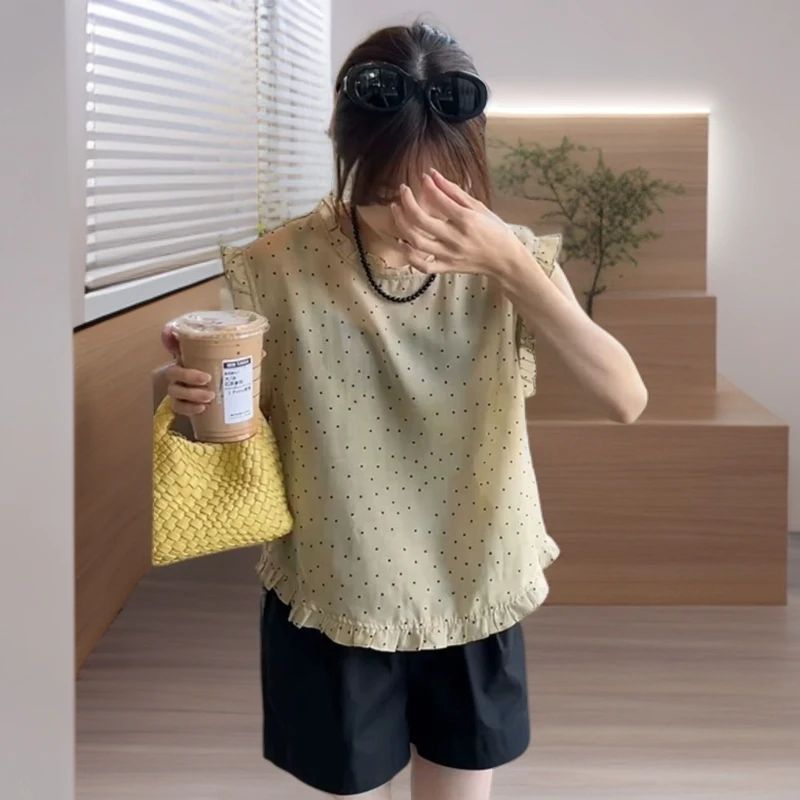 波点法式短款印染飞飞袖圆领衬衫设计感复古休闲气质