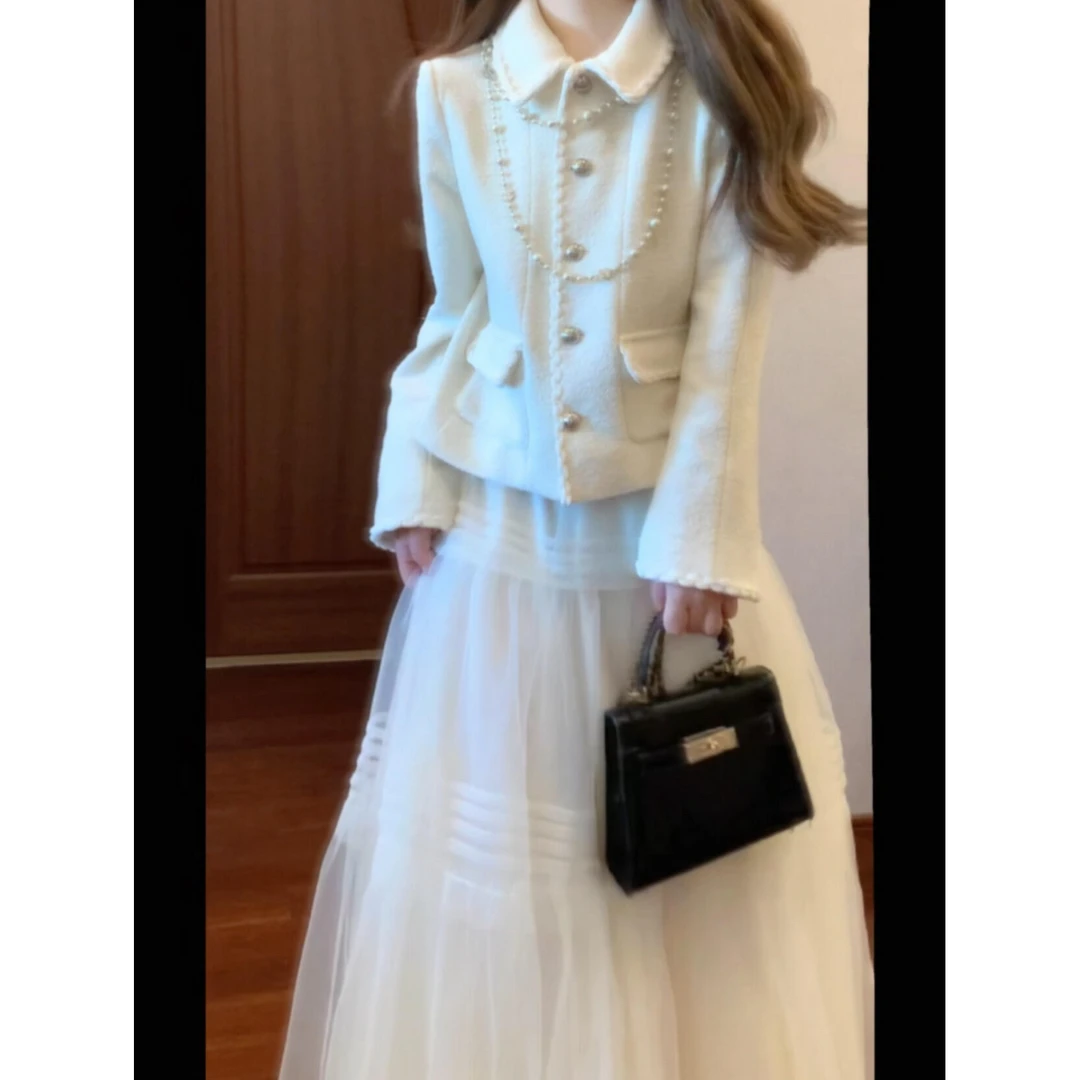 【中古秀场】2025秋冬新款气质小香风开衫外套配网纱半身裙两件套女