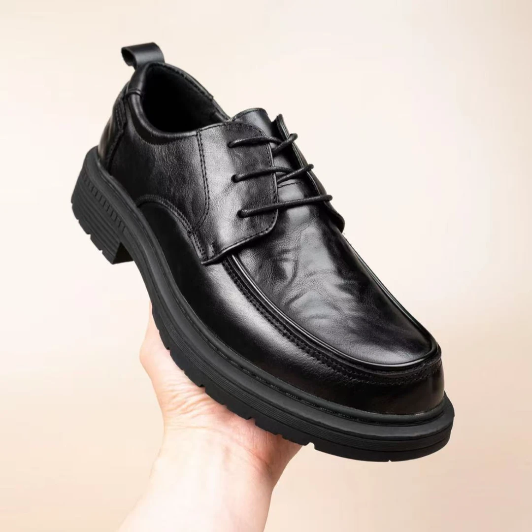 头层牛皮秋季新款素面潮流系带休闲耐磨圆头休闲皮鞋软底软面男鞋