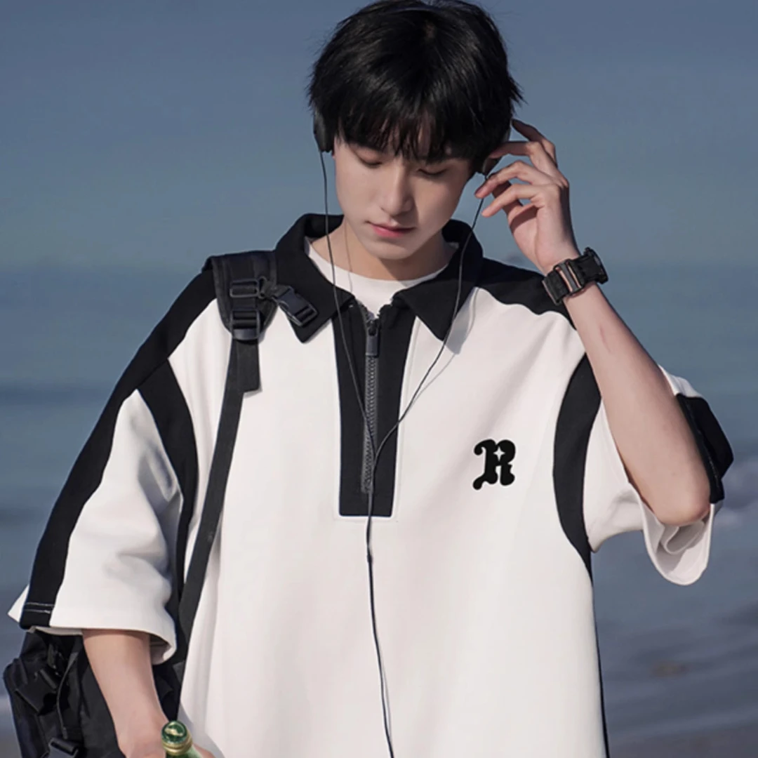 大码300斤美式撞色拼接polo衫男女夏季宽松半拉链短袖t恤百搭上衣