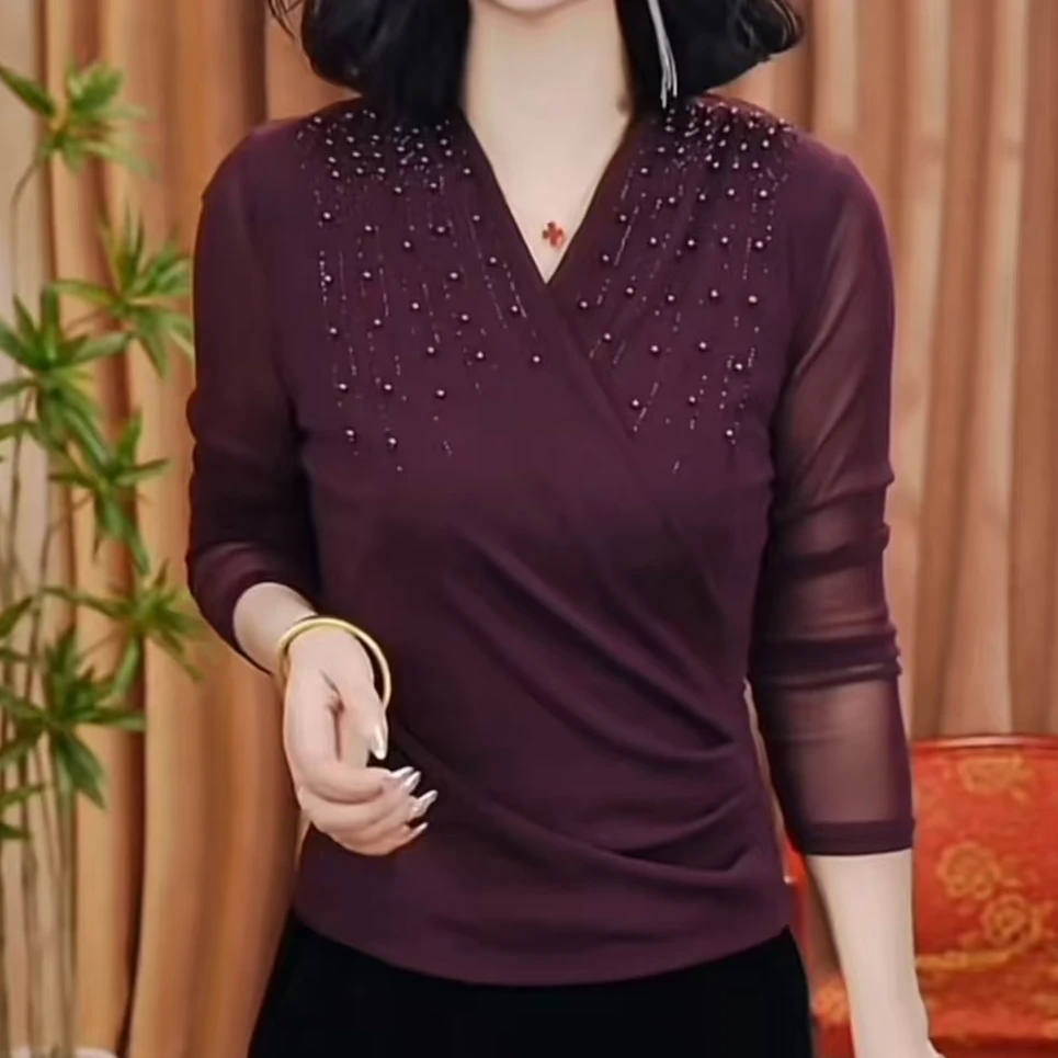 2025春季新款V领网纱钉珠气质百搭时尚交叉领小衫针织打底衫重工
