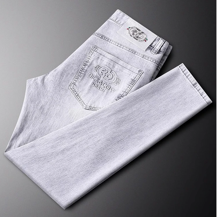 轻奢时尚夏季薄款浅灰色牛仔裤男潮牌时尚轻奢弹力修身欧货小直筒