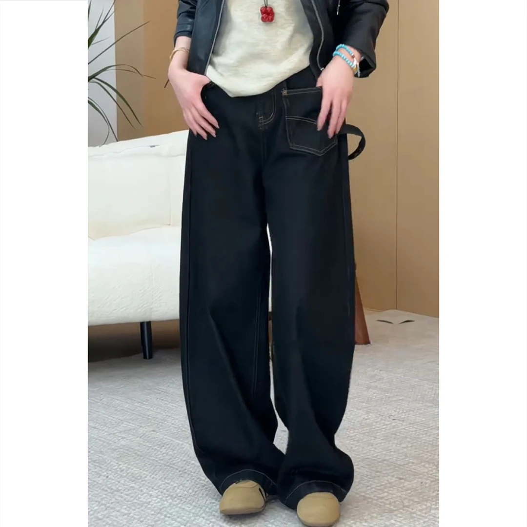 艾塔莉时尚百搭深色牛仔裤早秋新款美式高街阔腿裤百搭宽松牛仔裤