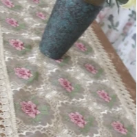 ZN029-98玻璃砂【75*120】高织高密玻璃砂咖红十字绣水溶边桌布