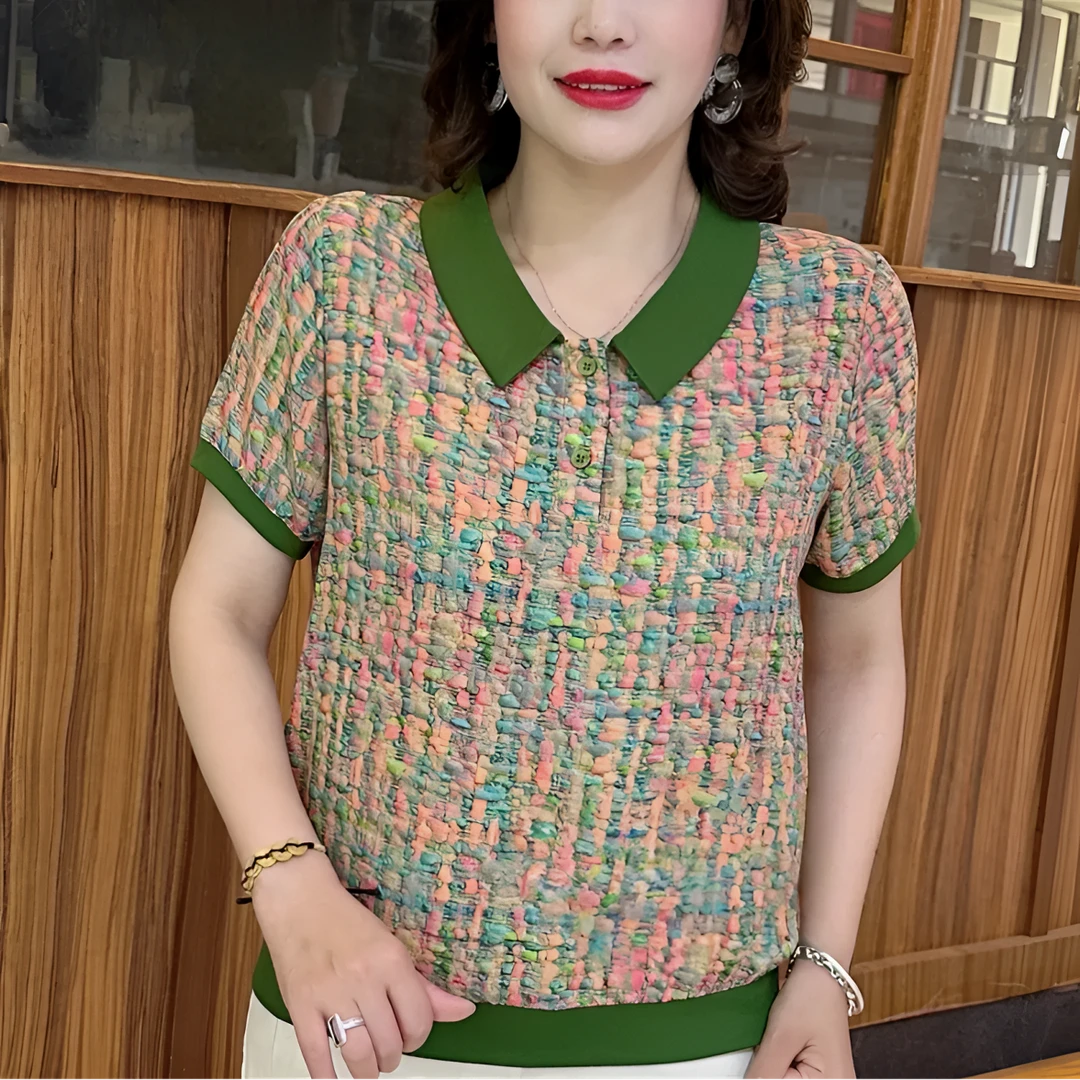 薄款翻领时尚肌理图案中老年女装娃娃领百搭夏装T恤大码宽松L007