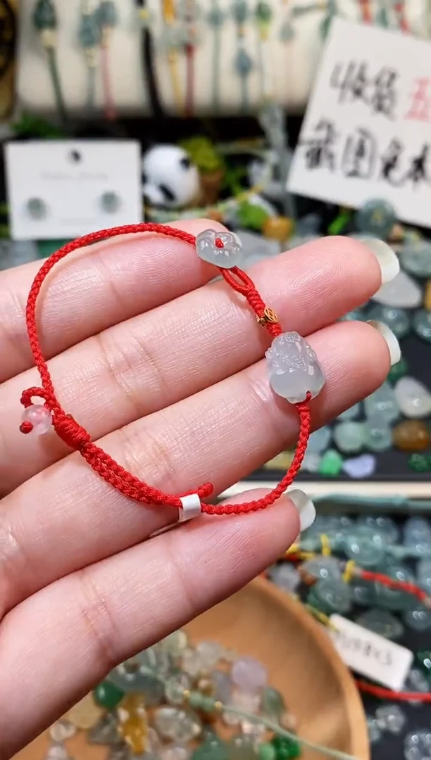 散珠翡翠金蟾小花手绳 手围15