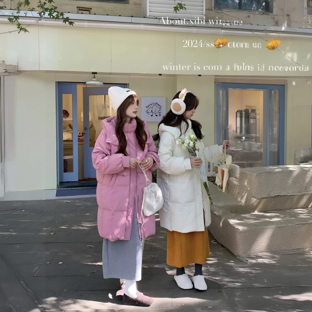 【七色糖果】M扣·甜美风韩系秋冬时尚百搭中长款白鸭绒连帽羽绒服