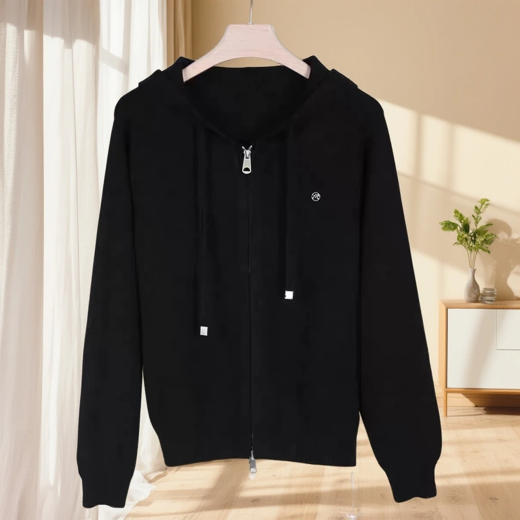 女针织毛针织拉链黑色连帽开衫时尚百搭开衫运动时尚上衣针织衫