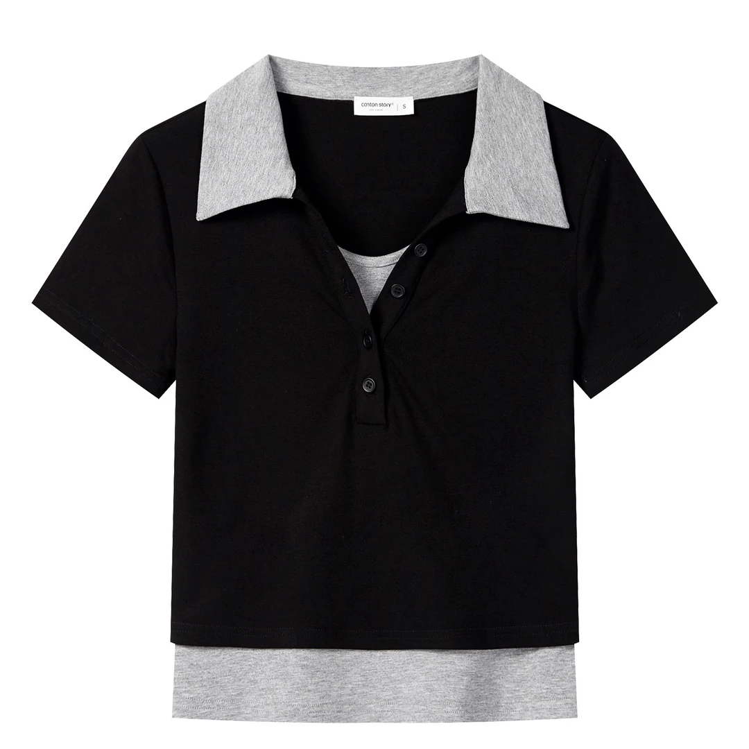 羊城故事-假两件polo领正肩短袖t恤女设计感翻领上衣Y50651034