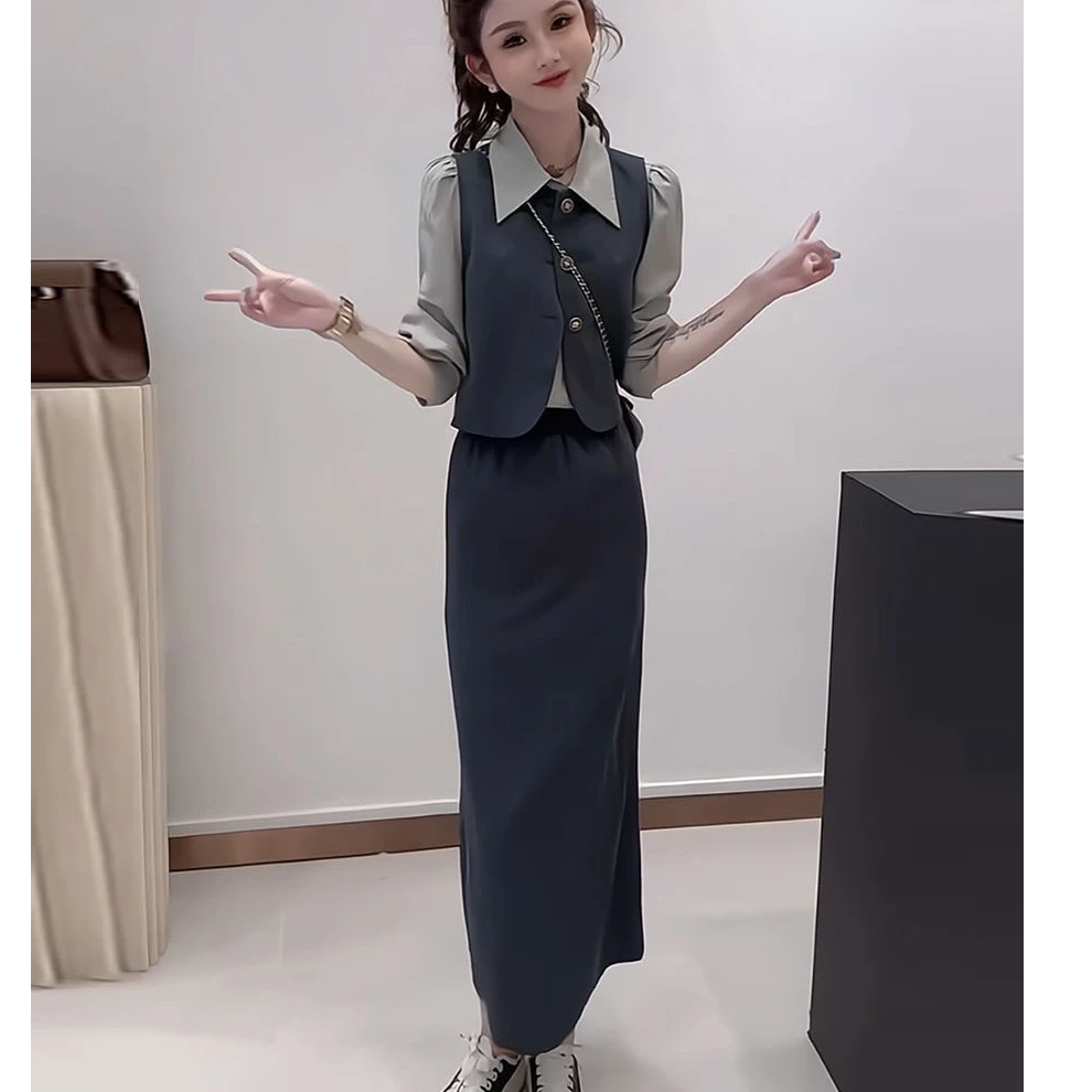 套装设计感长袖衬衫马甲裙子三件套8566#衬衣58马甲45裙长83