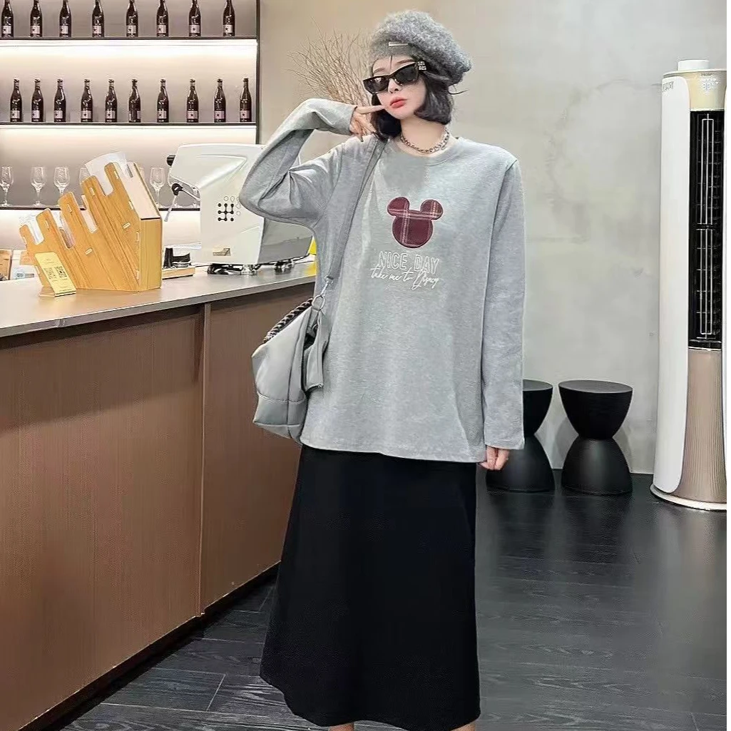 D1317 刺绣米奇头简约百搭长袖圆领打底上衣