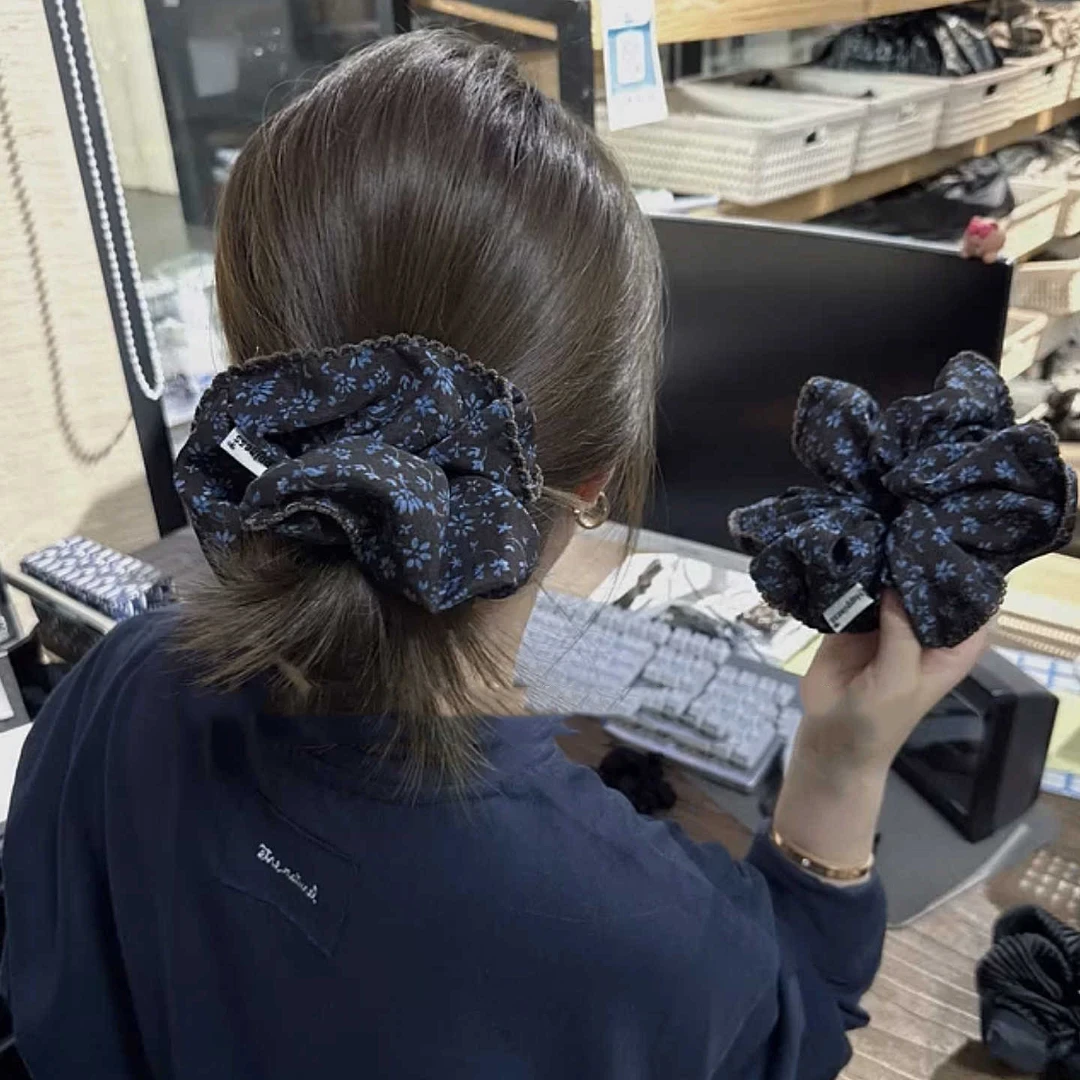 高级复古咖蓝色碎花大肠发圈发量多丸子头发绳韩国新款马尾扎头绳