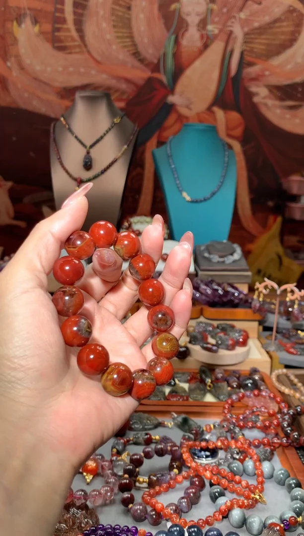 未镶嵌珠宝半成品水晶红极光玉化眼手串15mm