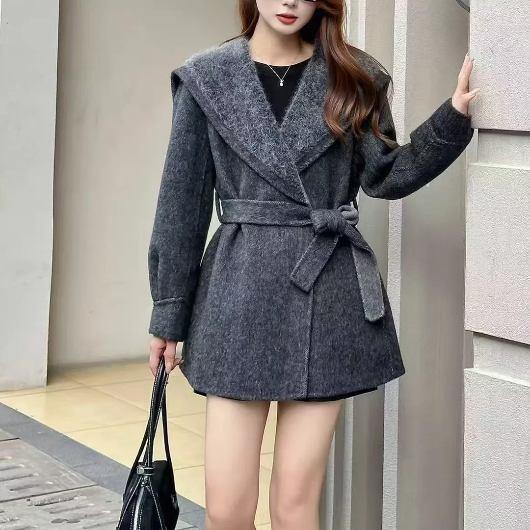 商场同款百搭系带毛呢中长款女士羊驼大衣翻领收腰时尚气质25130