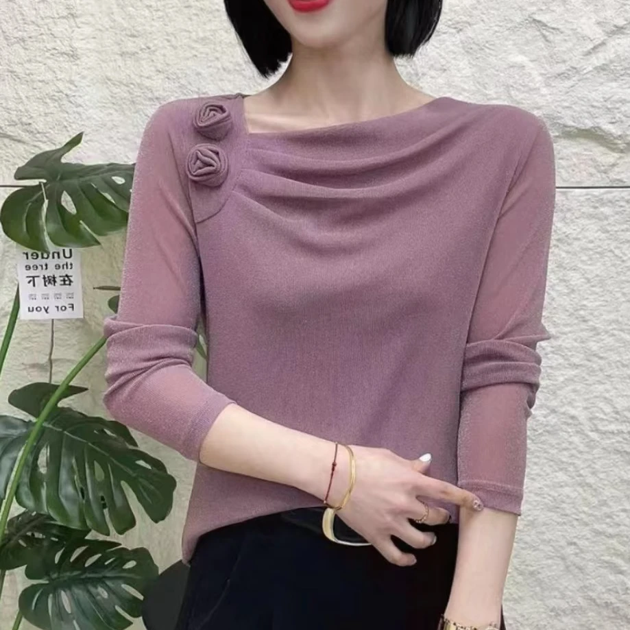 秋冬季漂亮气质时尚网纱拼接洋气女装新款小众设计上衣百搭打底衫