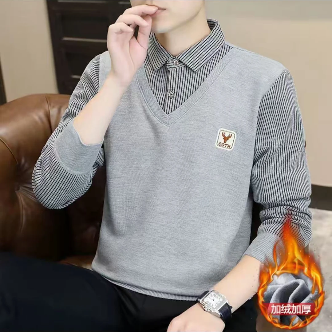 长袖保暖衬衫领秋冬季毛衣冬季针织衫男士假两件针织
