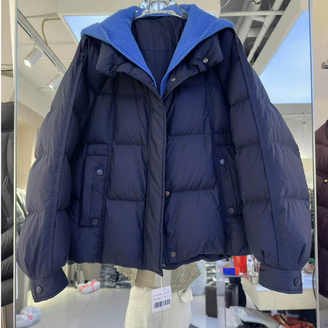 欧洲站撞色针织帽高级感女装2026年时尚新款设计感短款羽绒服外套