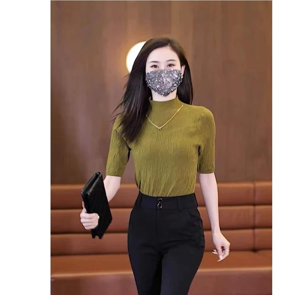 715秋季新款半袖针织衫洋气百搭净色修身打底衫