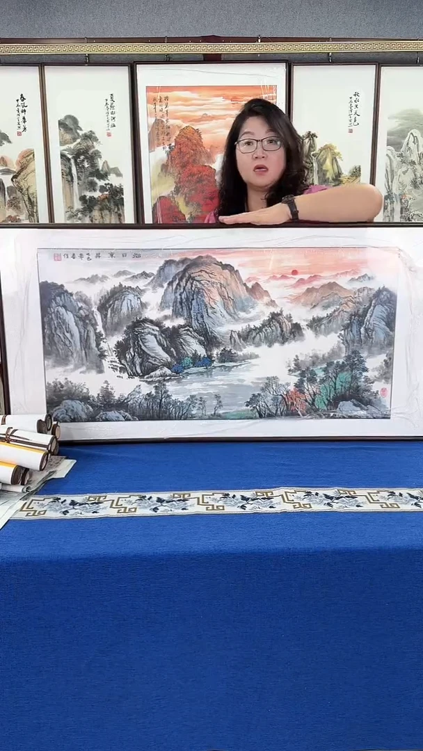 国画山水横幅带框60*120