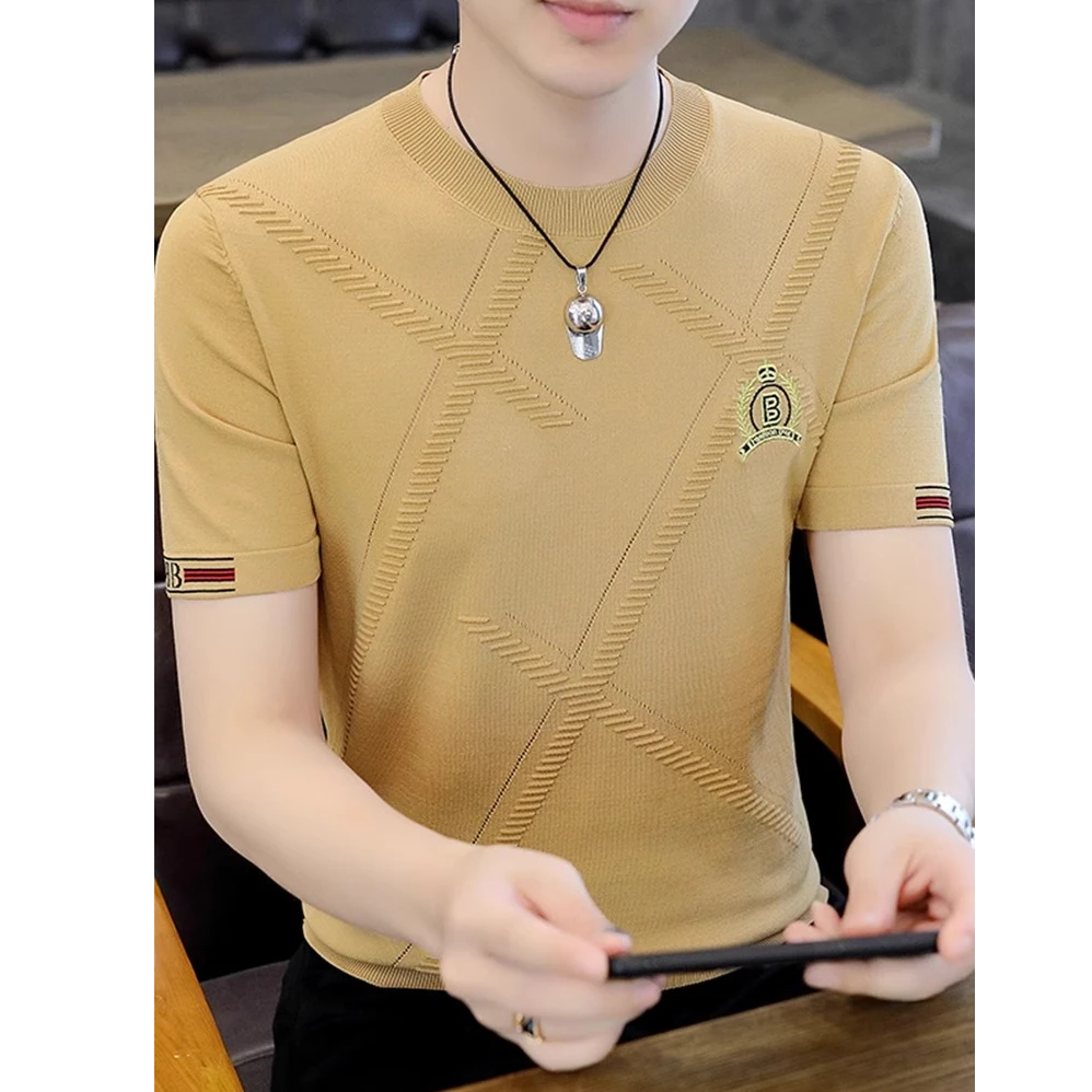 奇珀菲仑t恤男短袖夏季冰丝圆领t恤潮流修身半袖针织冰麻痞帅洋气