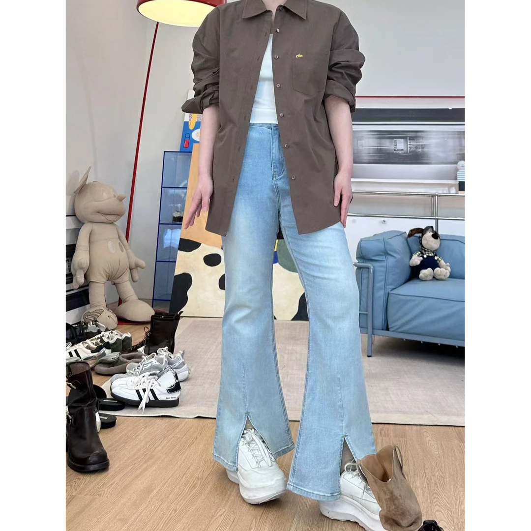 晶咕【喇叭裤】复古做旧水洗高腰裤脚前开叉微喇牛仔裤