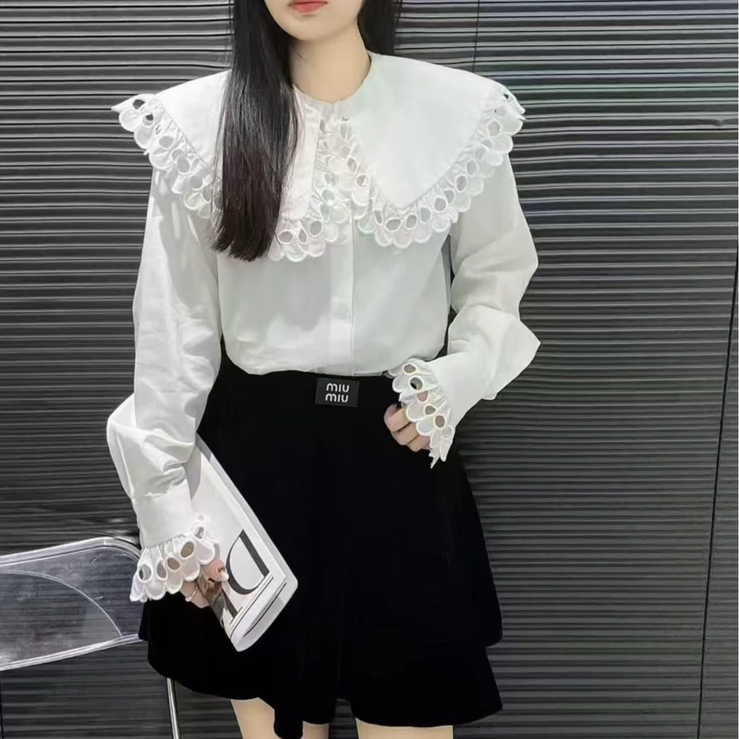 新款法式荷叶边娃娃领长袖衬衫时尚百搭减龄显瘦