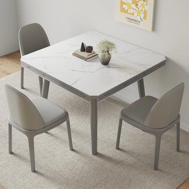 轻奢简约高端小户型岩板实木折叠餐桌椅组合家用多功能电磁炉饭桌