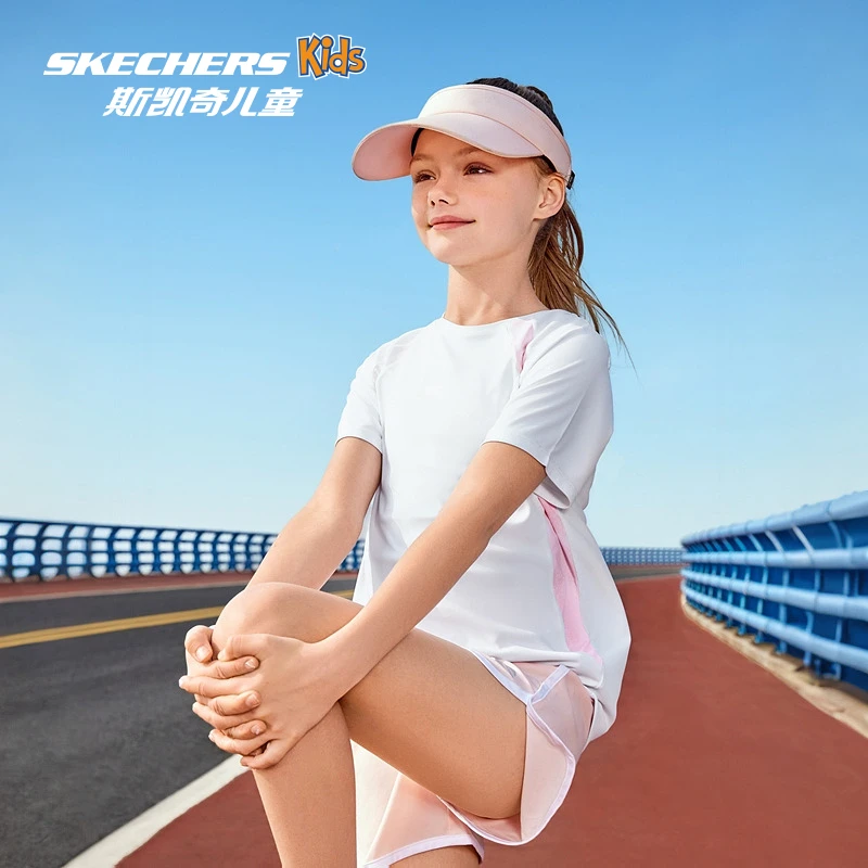 斯凯奇童装儿童T恤女童夏季亮白色中大童时尚短袖P225G111 DB