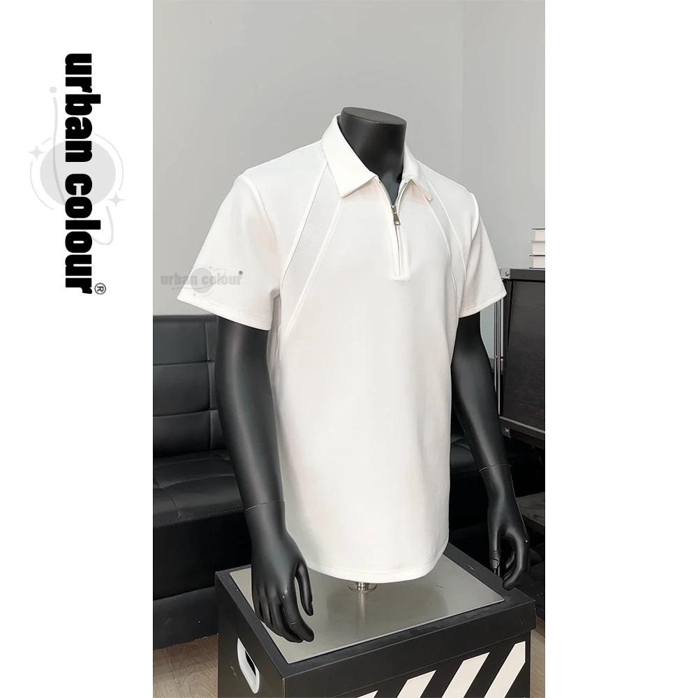 正肩t恤男夏季重磅短袖潮牌设计感拼接半拉链翻领半袖polo上衣