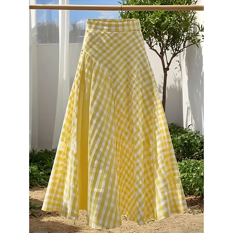 2025新款夏款多巴胺黄色收腰格子设计感长款女时尚洋气爆款半身裙
