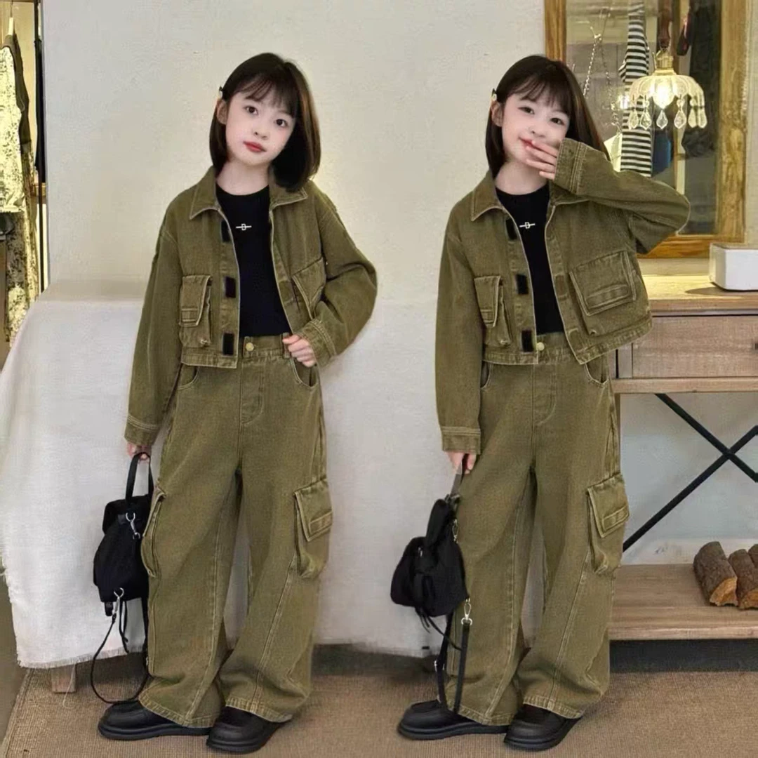 女童美式复古潮酷工装牛仔外套阔腿裤废土风炸街时髦巨好看套装韩