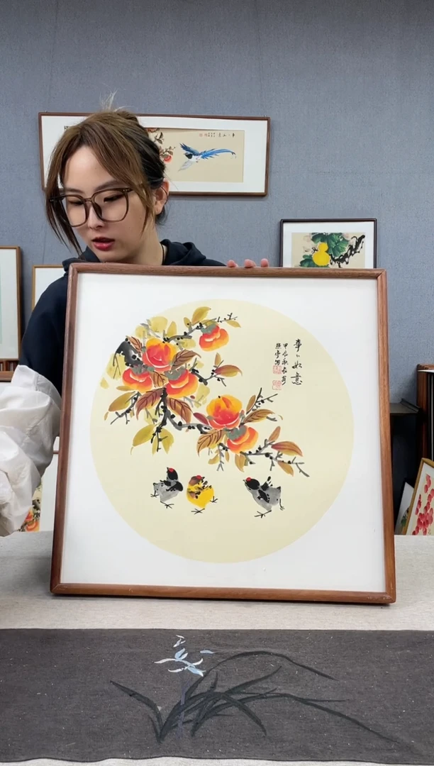 【闪购商品】国画贺照亭-纯手绘带框作品-52*52-柿子