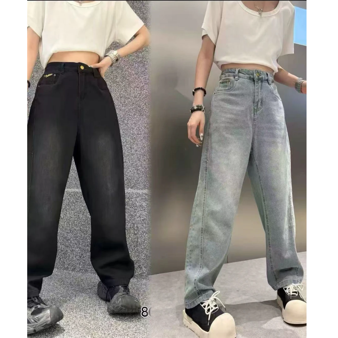 D8001春季做旧休闲牛仔裤阔腿裤秋季百搭时尚长裤