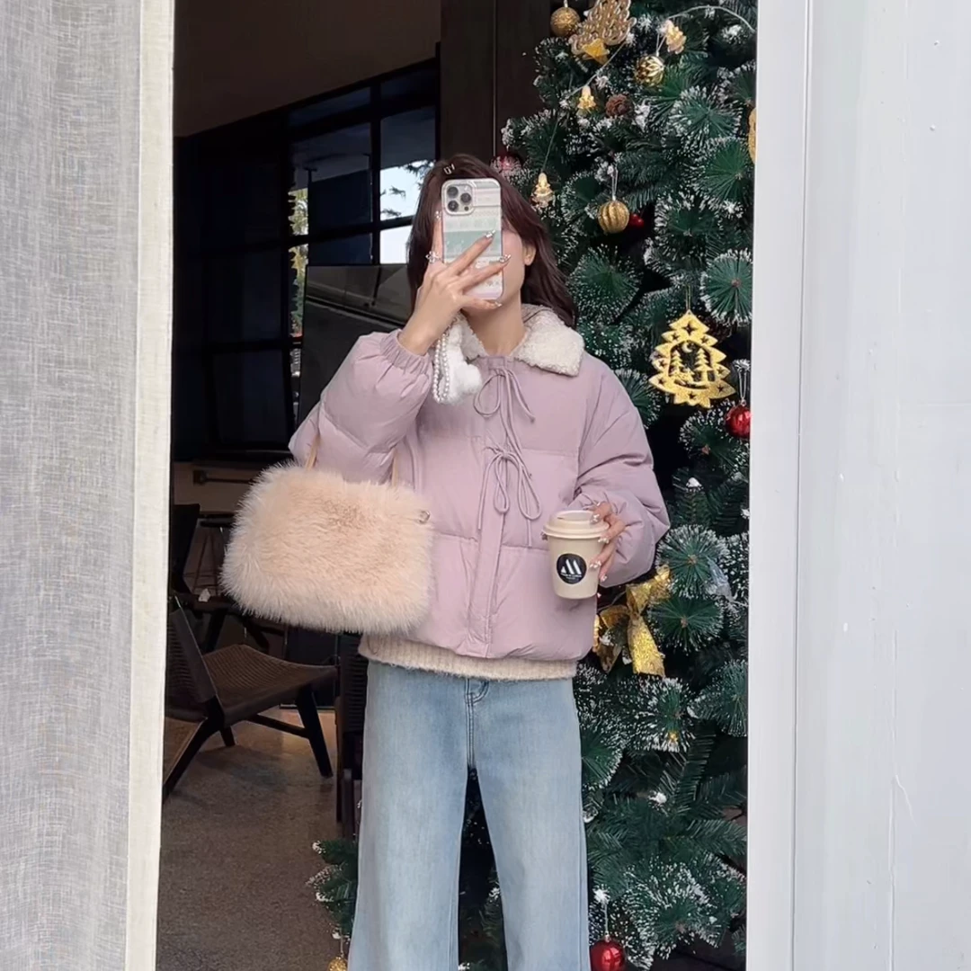 羊羔领棉服女短款2024冬季新款小众设计时尚减龄学院风轻薄外套