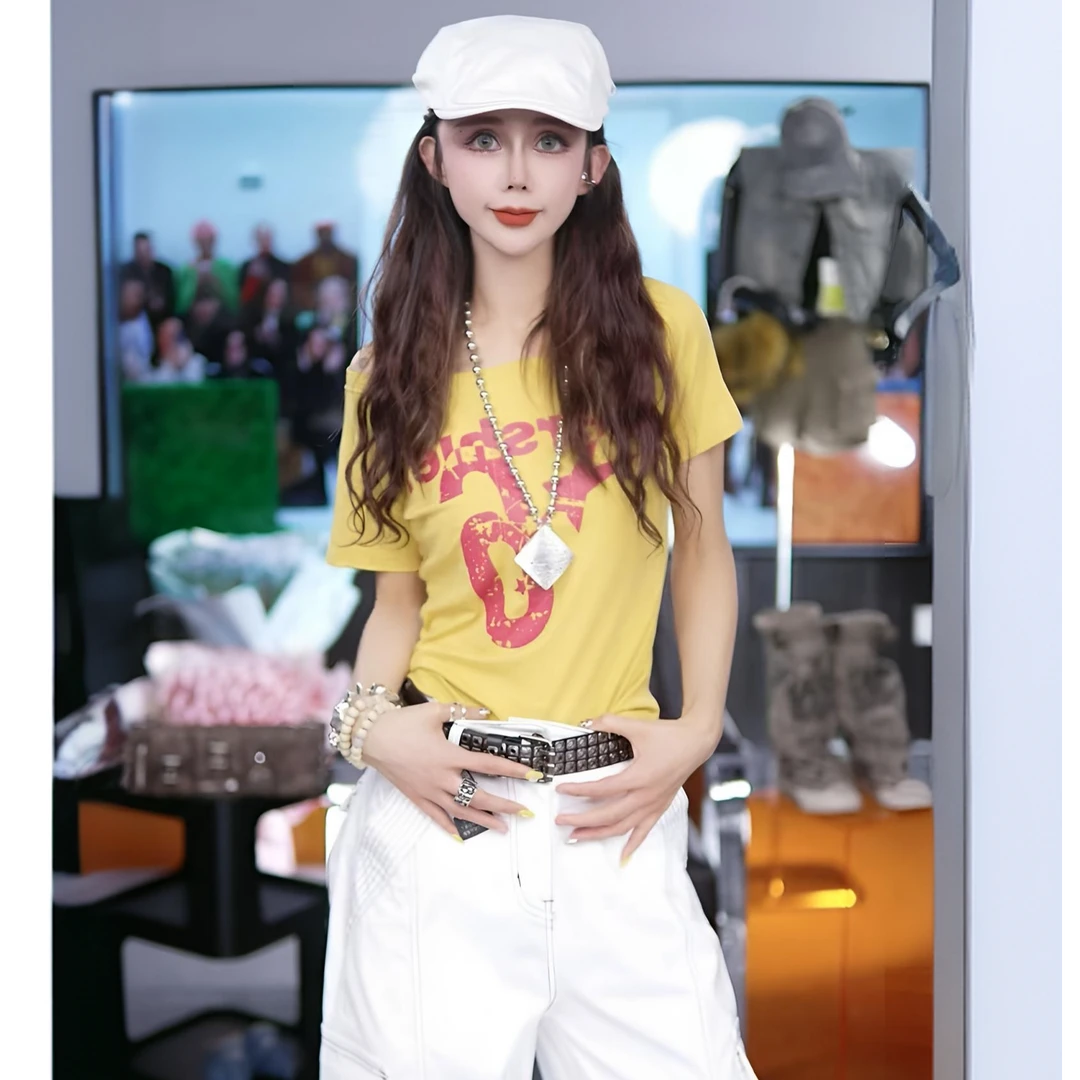 2025夏季新款美式复古斜肩字母印花辣妹显瘦短袖上衣T桖女ins