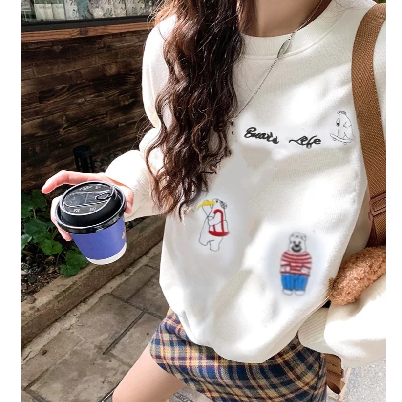 4168#春秋新款刺绣简约休闲宽松韩系圆领套头女百搭清新宽松卫衣