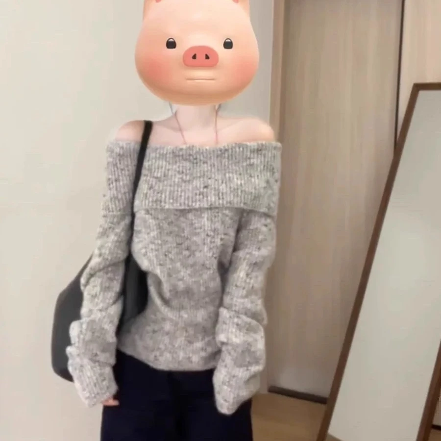 慵懒风灰色一字肩长袖毛衣女秋冬季2025新款高级感宽松针织衫上衣