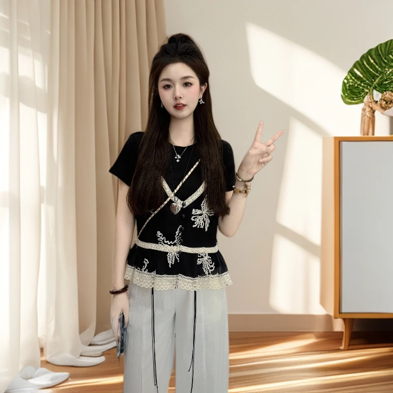 宿慕SUMU女装设计款假两件小衫2025新款夏季韩版短袖T恤洋气上衣