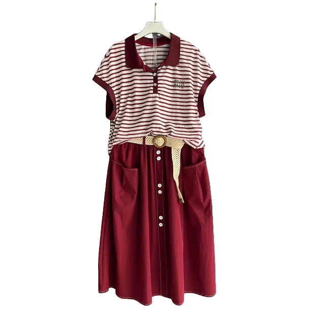 圆领字母长款条纹上衣搭配半身裙街头休闲复古千禧风格女装夏季