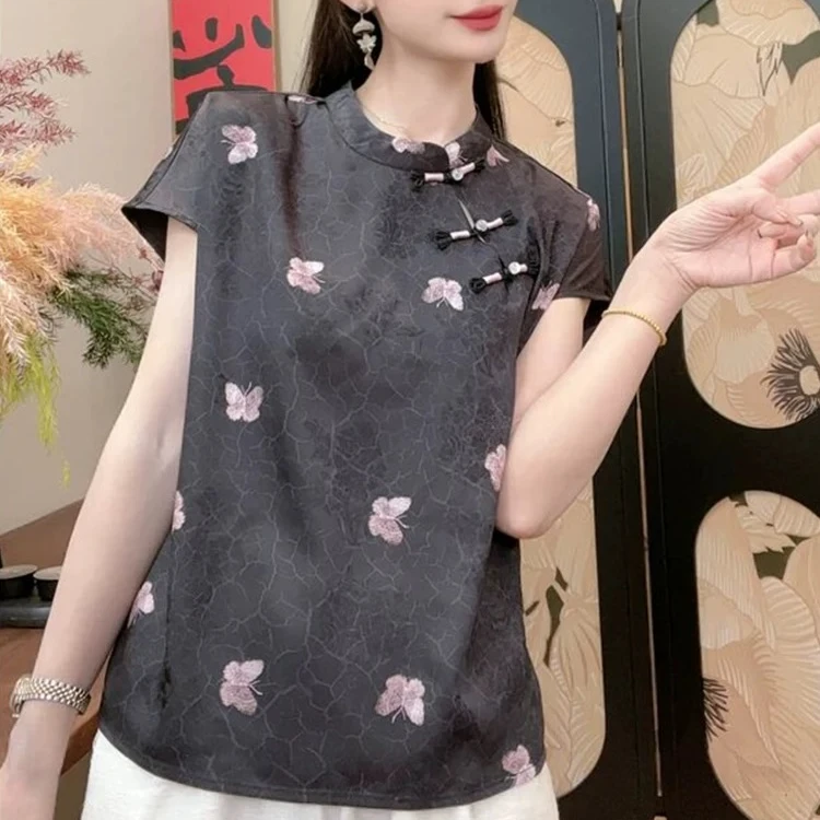 新中式轻国风刺绣龟裂纹短袖t恤女2025新款夏季休闲上衣