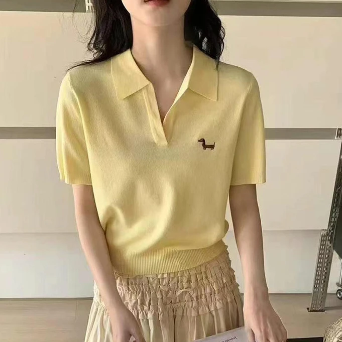 2025夏季新款高级感翻领撞色条纹短袖针织衫慵懒宽松显瘦韩版短款