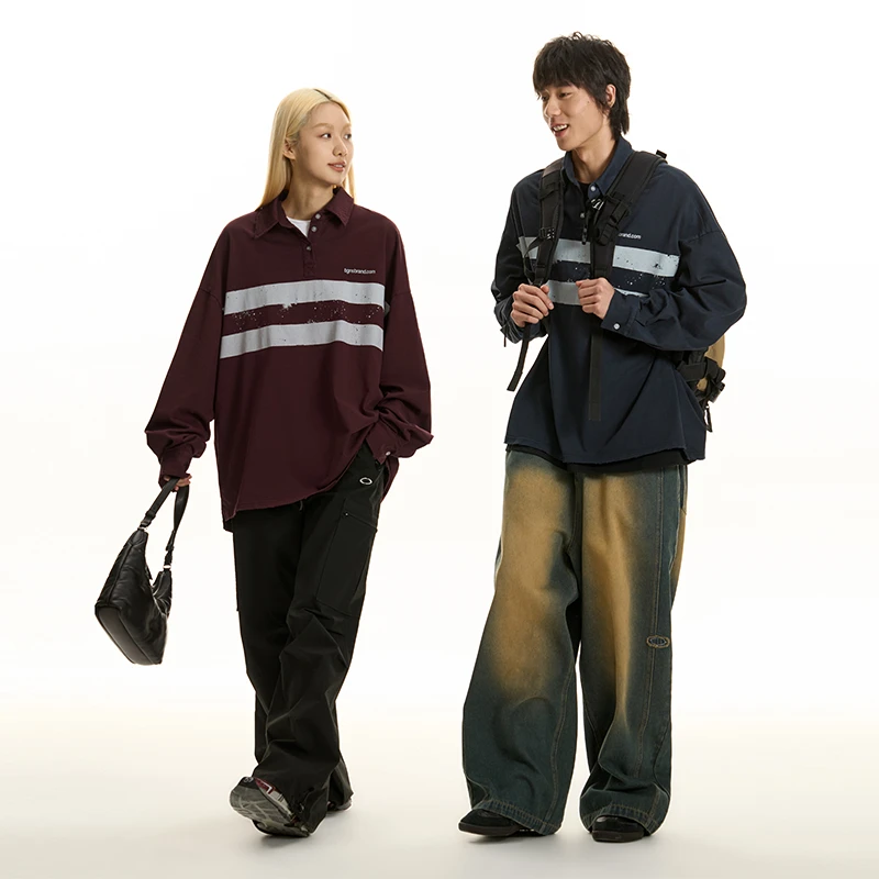 TGNS破洞条纹做旧polo衫男女春秋季薄荷曼波美式高街休闲宽松长袖