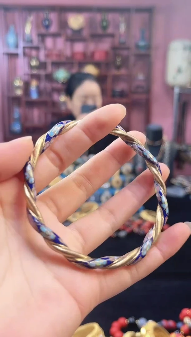 非遗 景泰蓝麻花镯 65 半金地 宝蓝