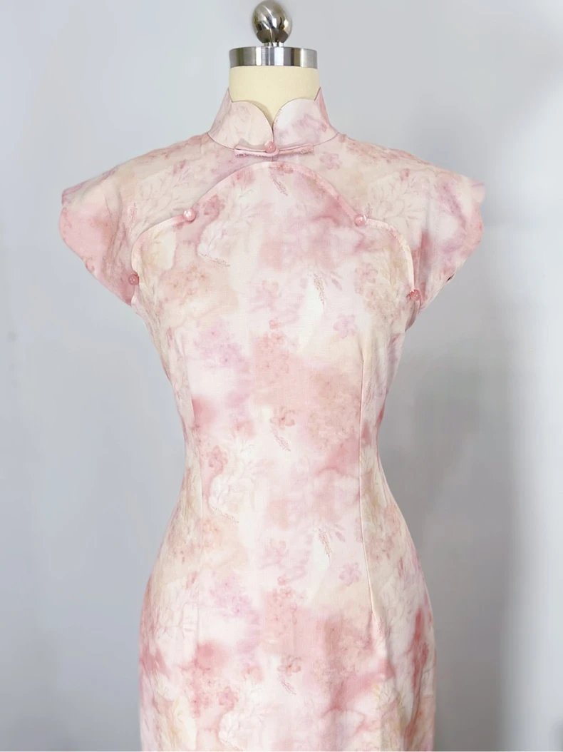 （海棠短款115cm）夏季新款旗袍减龄少女日常款薄款粉色旗袍长裙