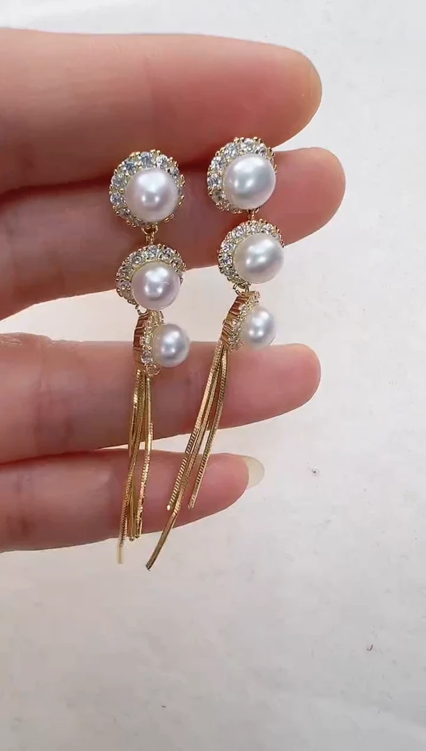 【闪购商品】淡水珍珠耳饰合金三珠流苏