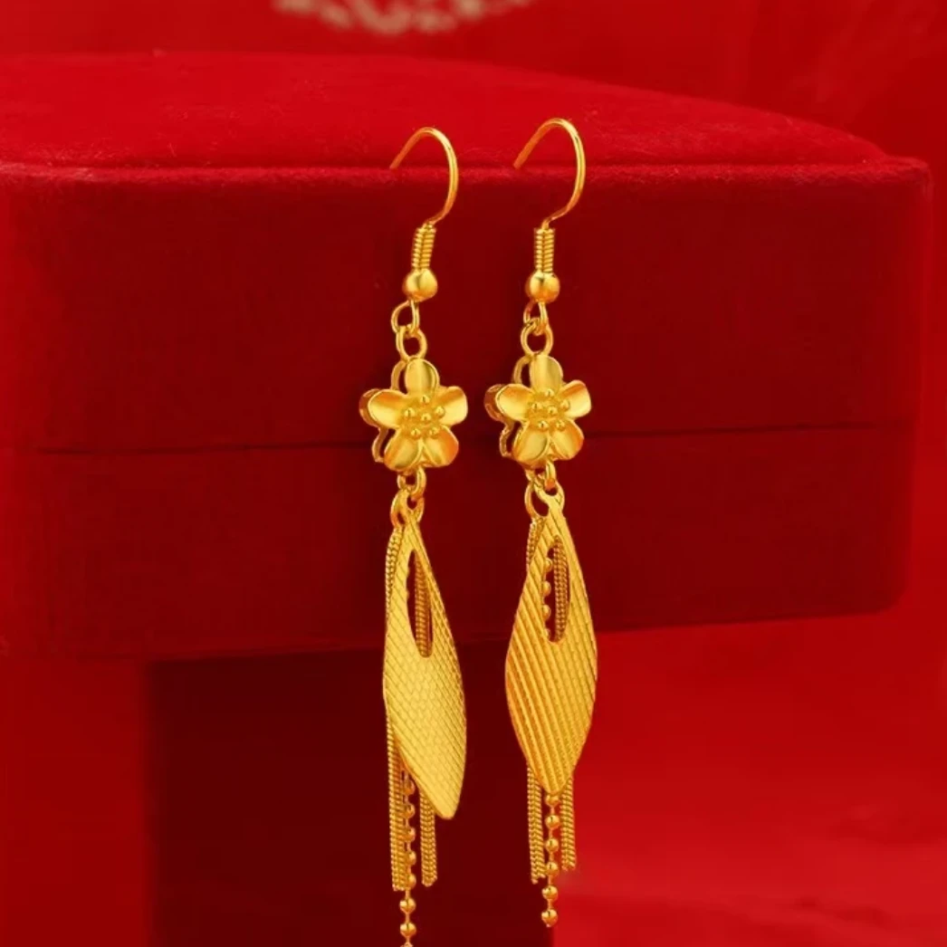 喜喜耳饰 【喜喜】香港金色耳环女款树叶耳环长款流苏耳饰优雅