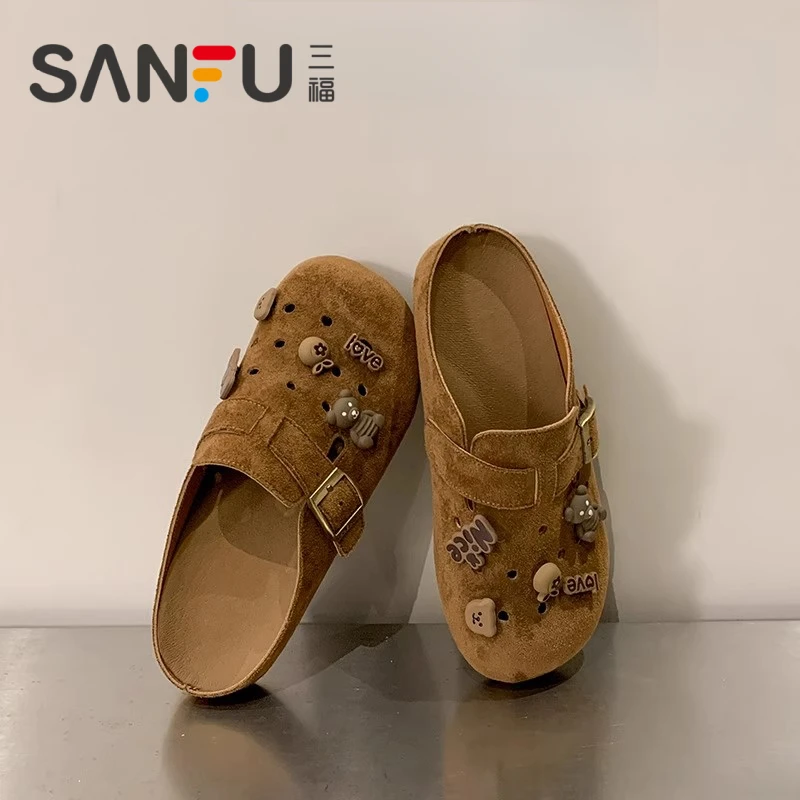 三福勃肯鞋复古包头半拖女外穿2025夏季新款懒人鞋厚底包头拖鞋女