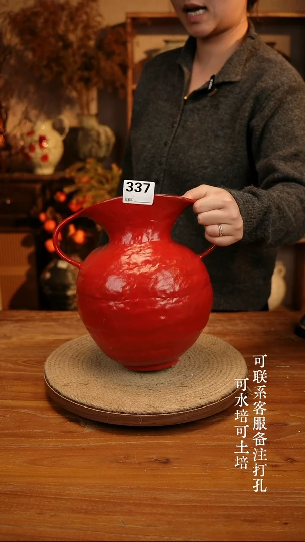 陶瓷337红色双耳大肚瓶可水培可土培