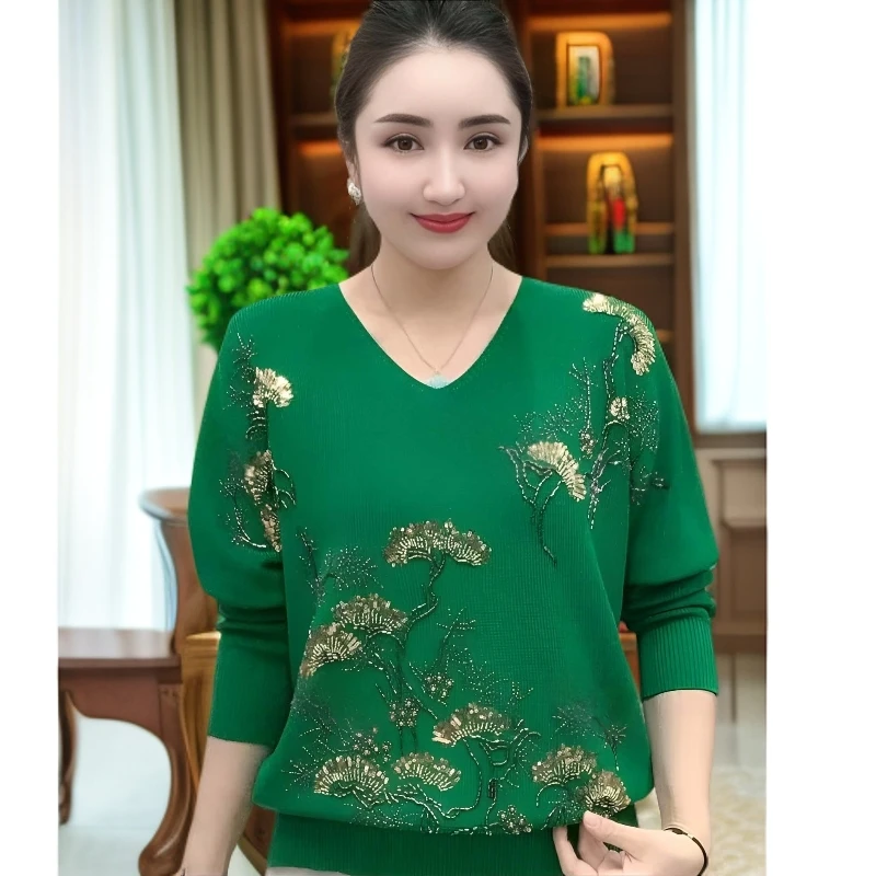 国风时尚V领重工刺绣套头针织衫女 长袖洋气年轻妈妈显瘦短款上衣