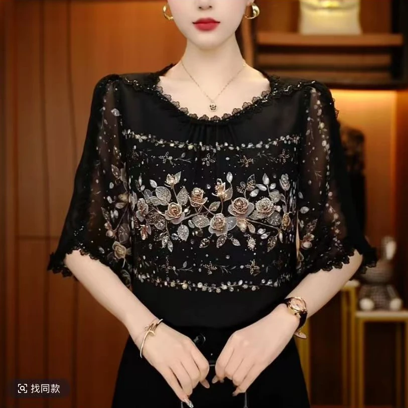 新款琉璃双绉丝一字领衬衫时尚花百搭洋气显瘦显白长袖五分袖女装